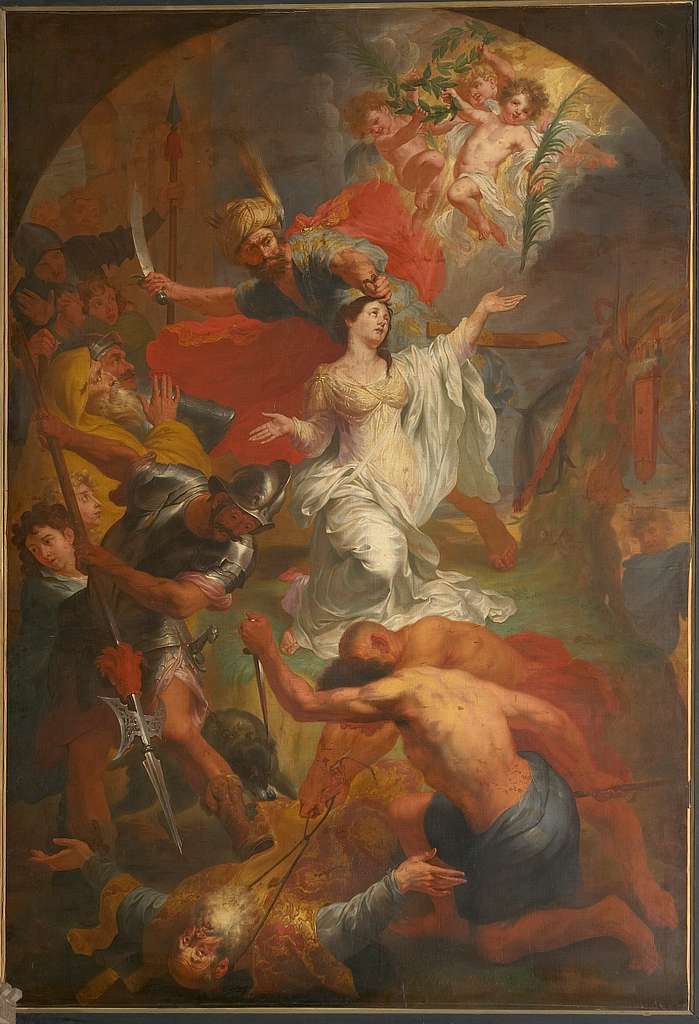 Aged painting of a woman about to be beheaded looking up at the divine surrounded by various other figures. 